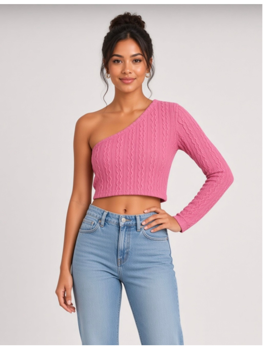 POL Pink One-Shoulder Cable Knit Crop Sweater Top Long Sleeve Size Large L